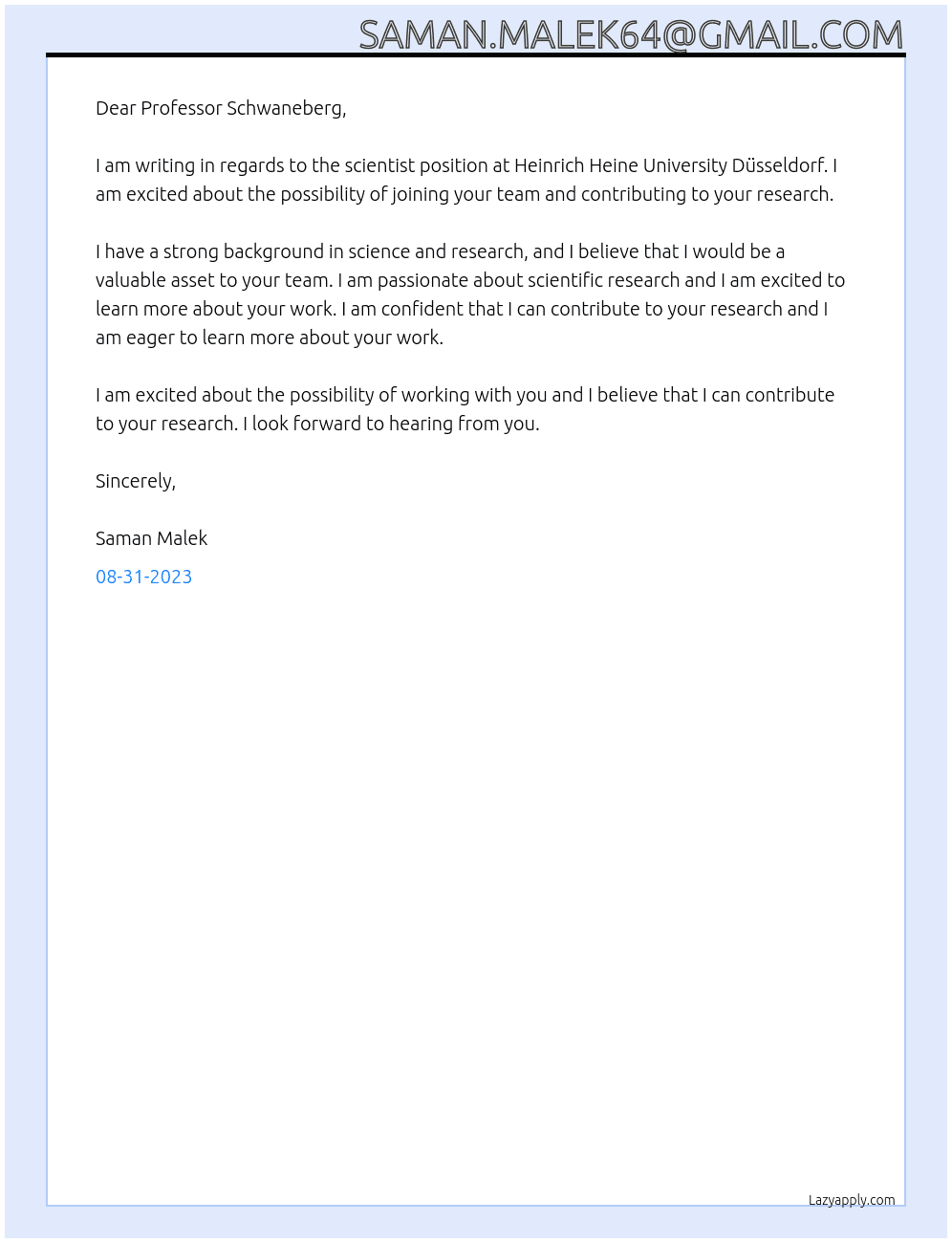 scientist At Heinrich Heine University Düsseldorf  Cover Letter