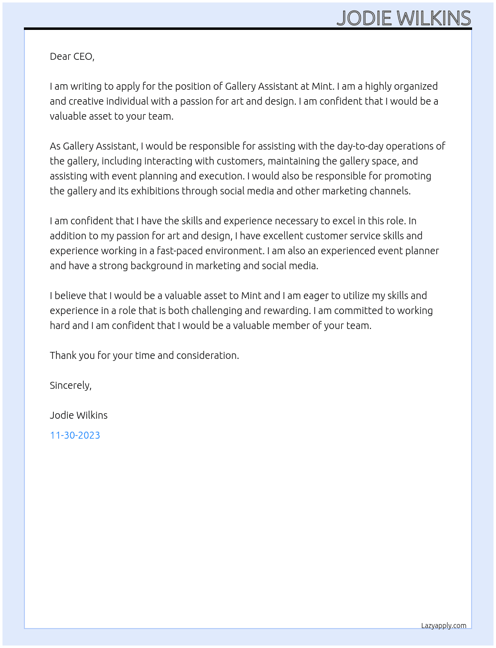 Gallery Assistant At Mint Cover Letter