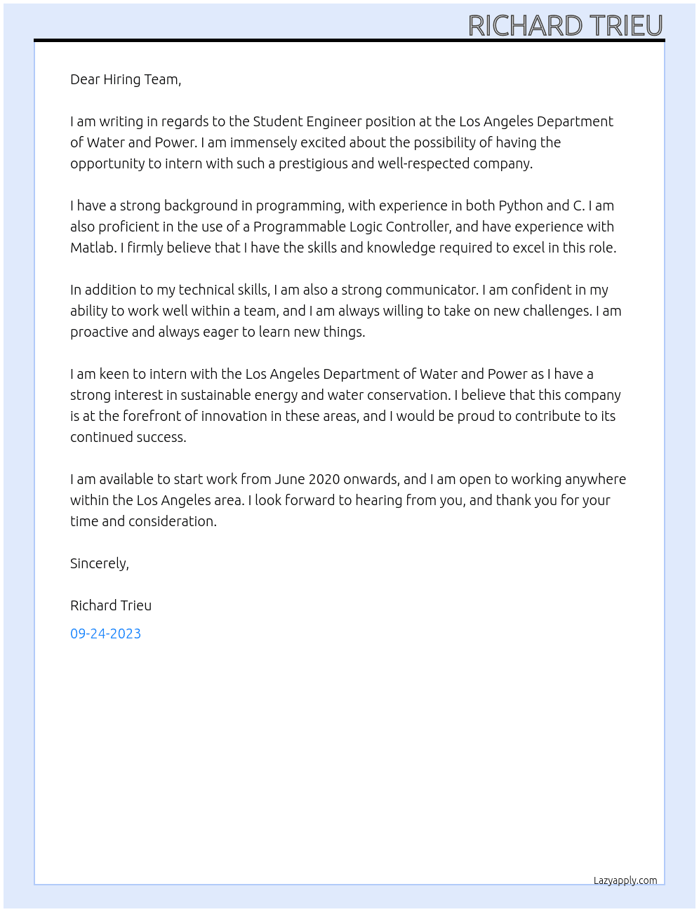Student Engineer At Los Angeles Department of Water and Power Cover Letter