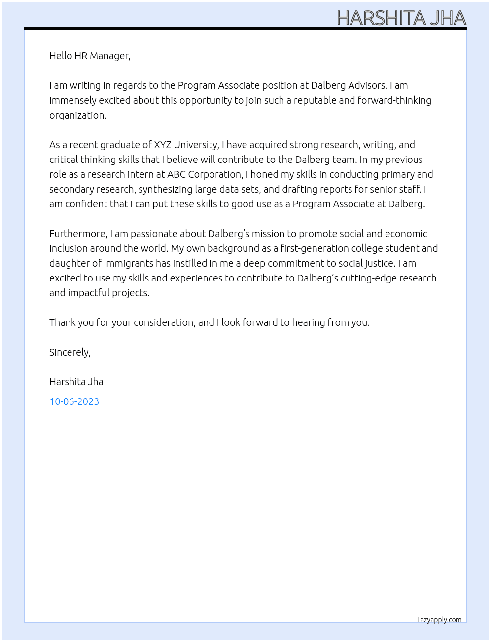 Program Associate At Dalberg Advisors Cover Letter