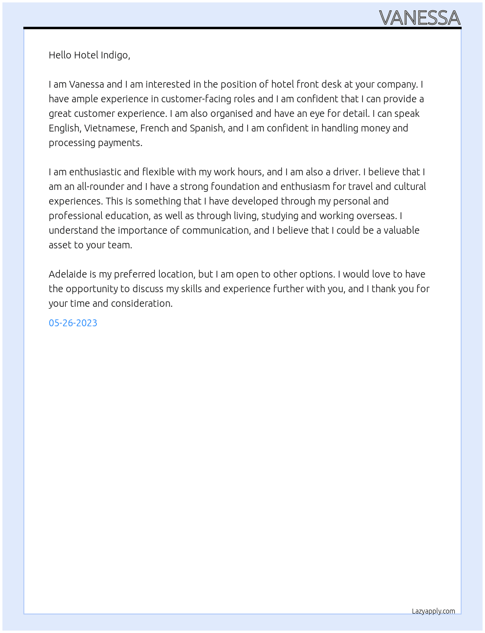 Hotel front desk At Hotel Indigo Cover Letter