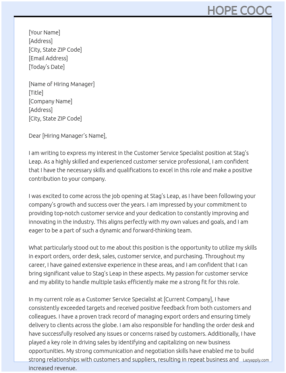Customer Service Specialist  At Stag’s Leap Cover Letter
