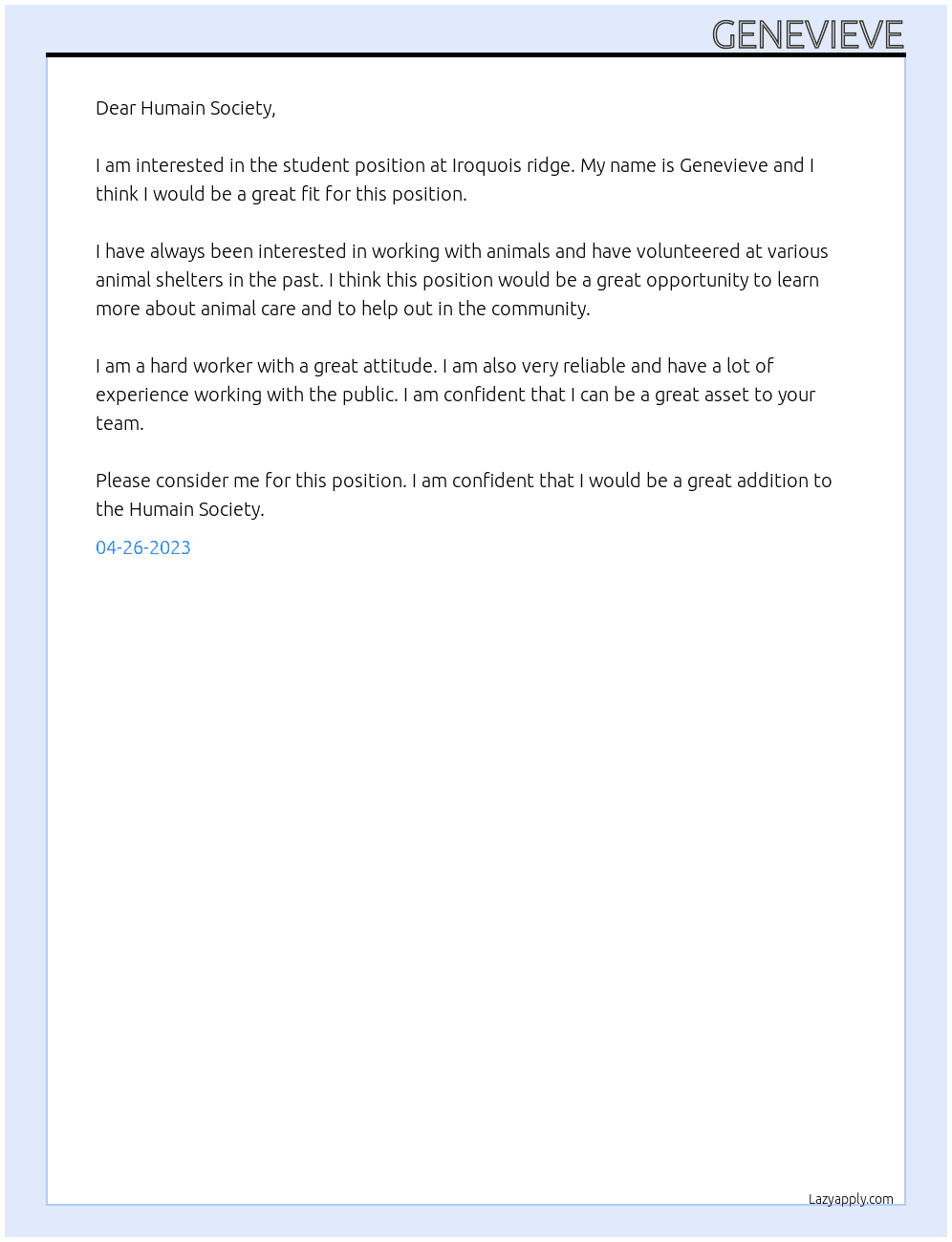 student at Iroquois ridge At Humain Society  Cover Letter