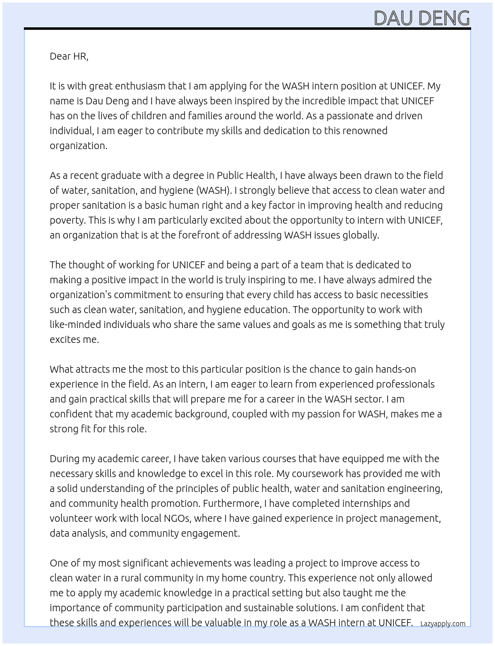 Cover letter for wash intern - LazyApply