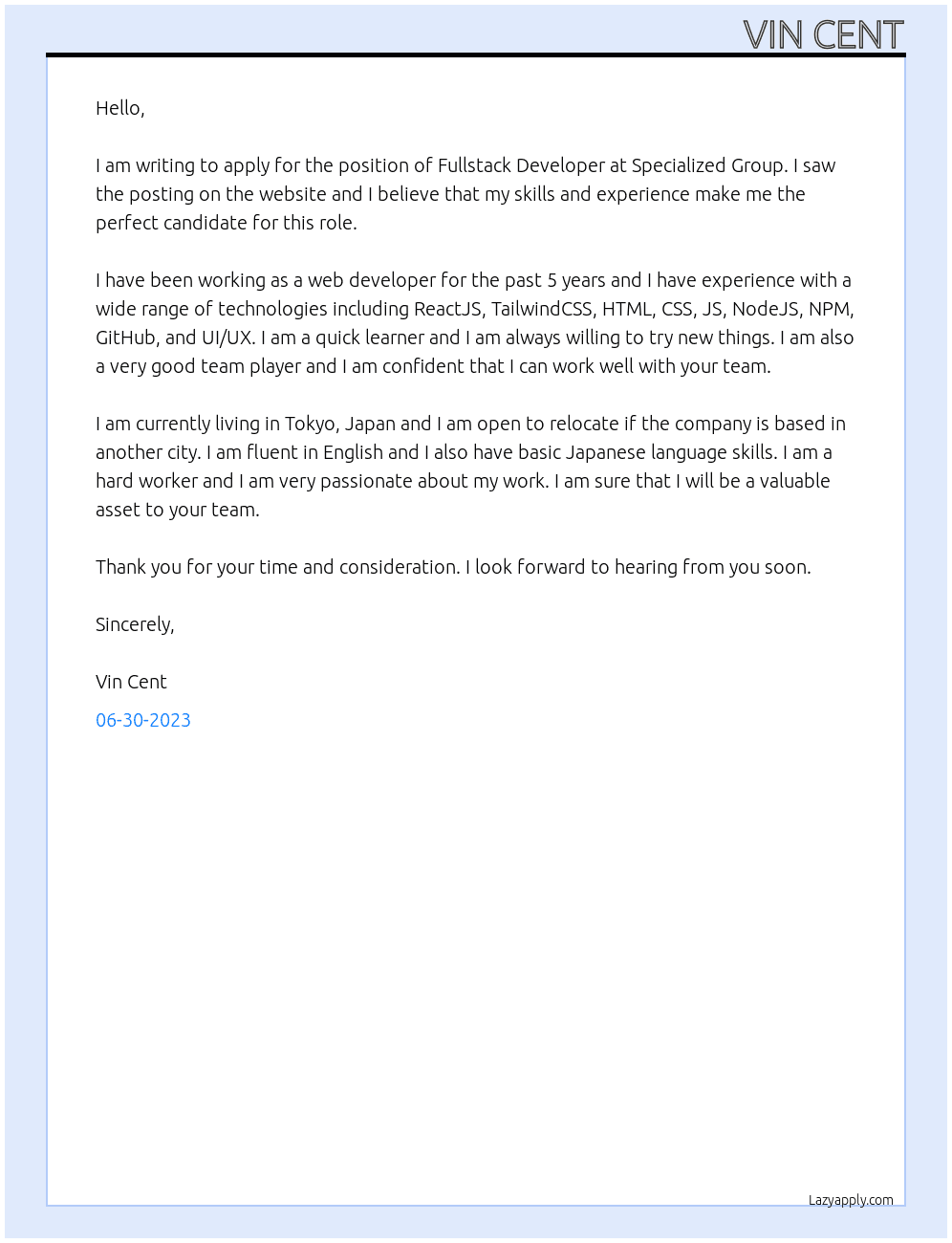 Fullstack Developer At Specialized Group Cover Letter