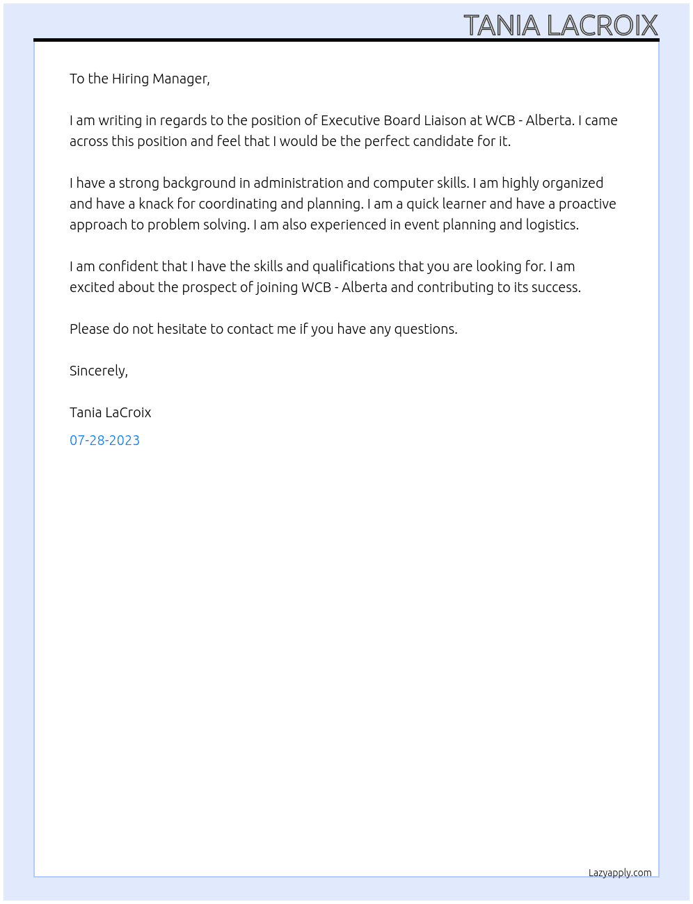 Executive Board Liaison At WCB - Alberta Cover Letter