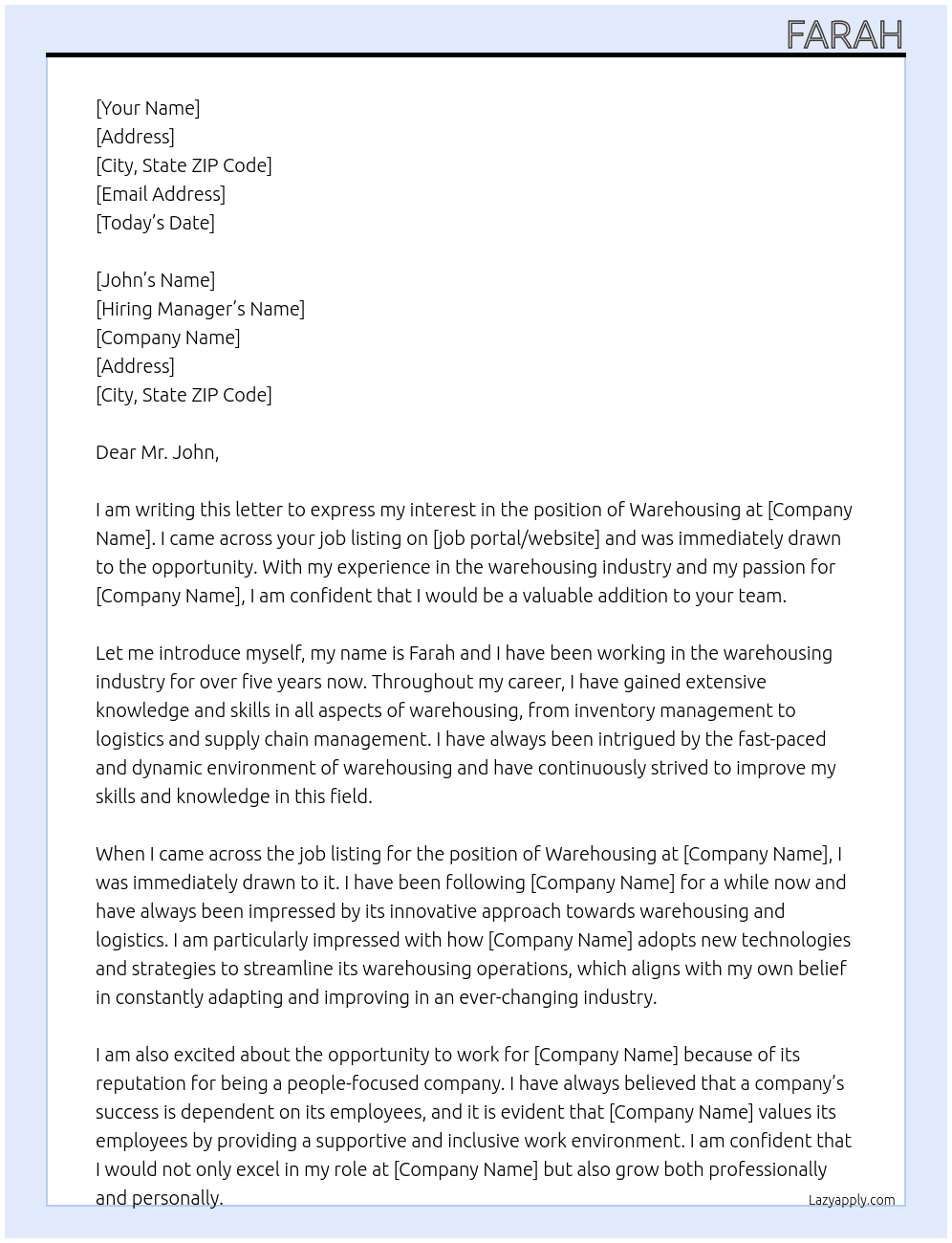 warehousing  At council Cover Letter