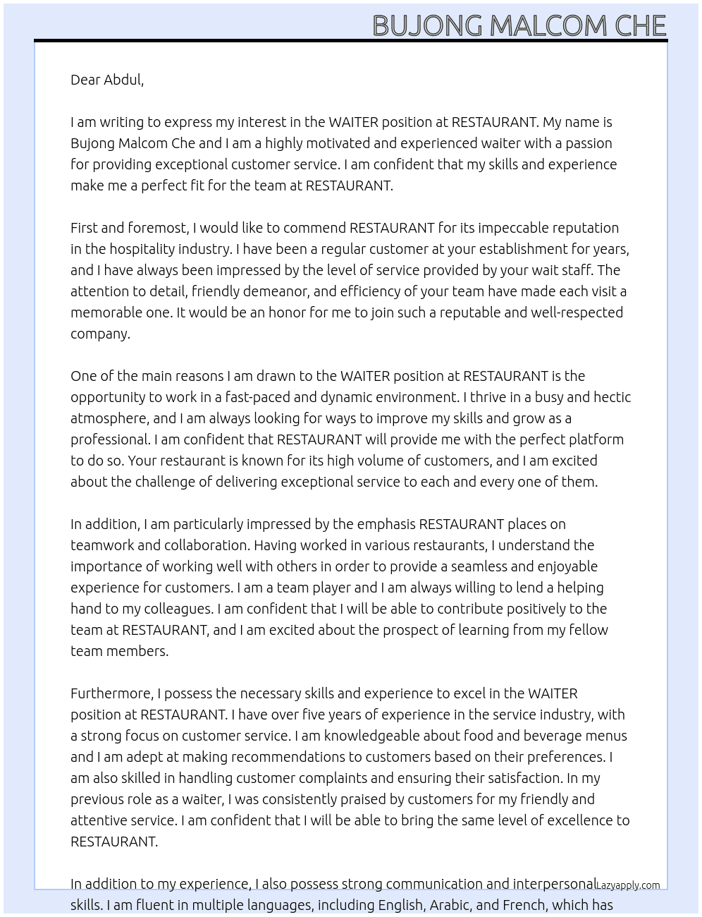WAITER At RESTURANNT Cover Letter