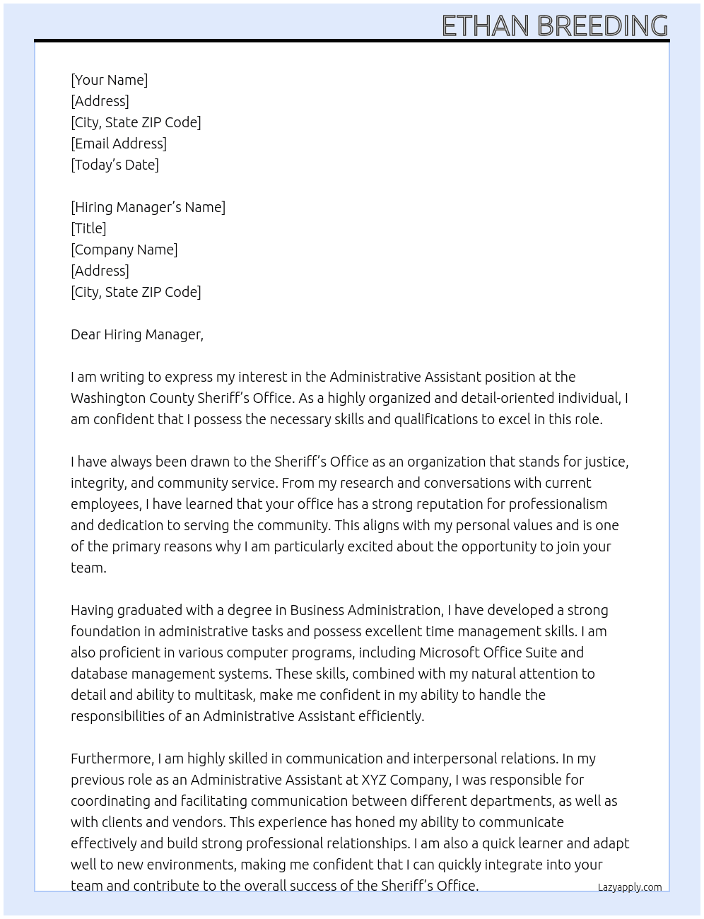 Administrative Assistant at Sheriffs office At Washington County Sheriff  Cover Letter