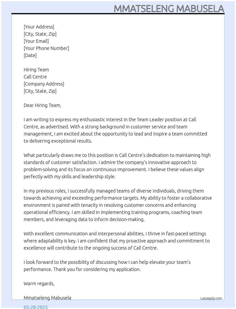 Cover letter for team leader call centre - LazyApply