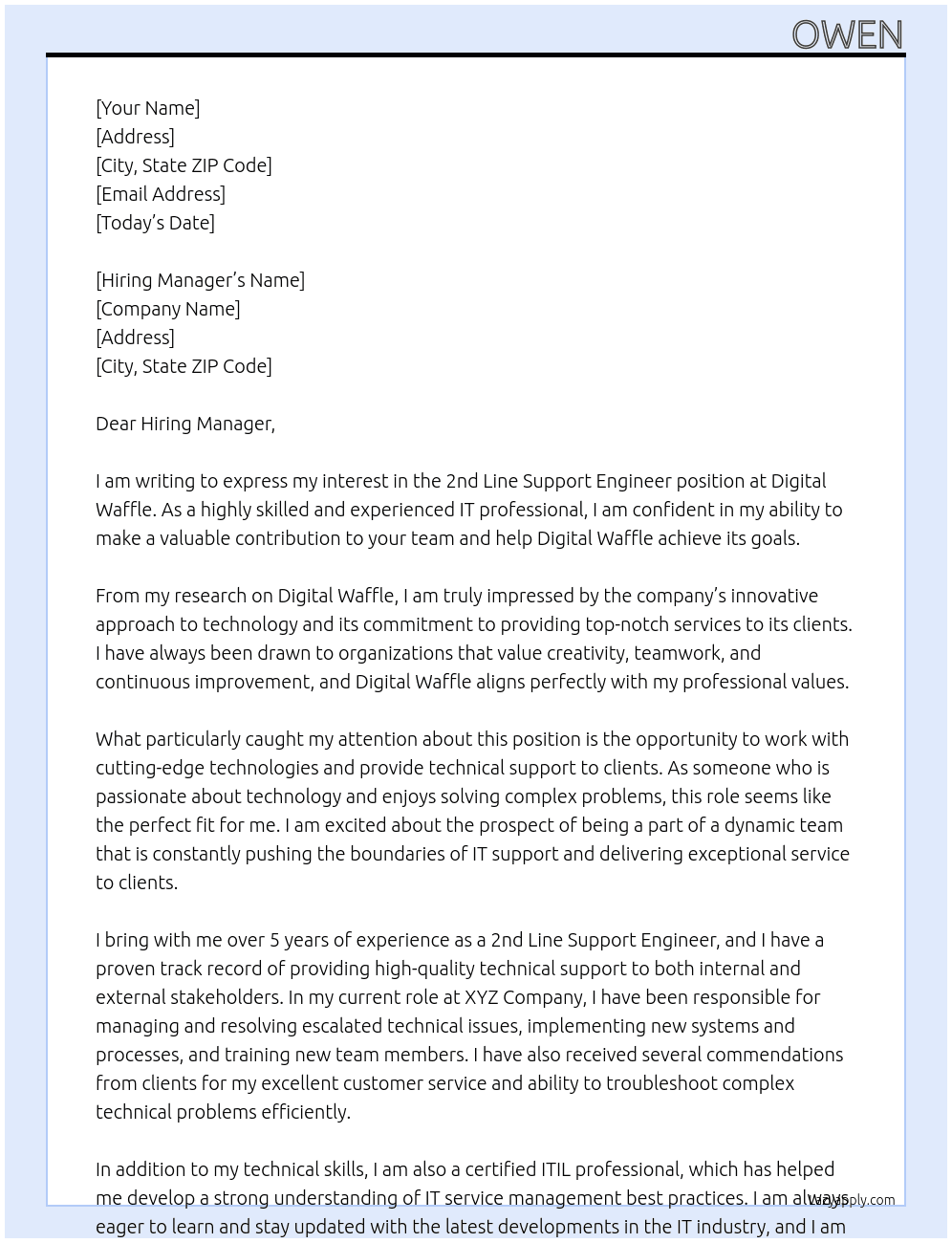 2nd Line Support Engineer At Digital Waffle Cover Letter
