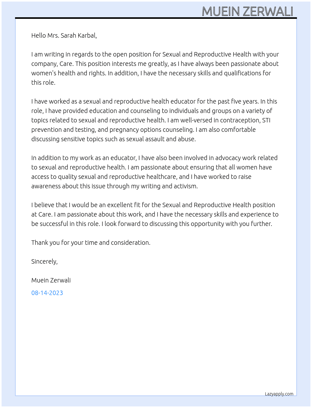 Sexual and reproductive health  At Care Cover Letter