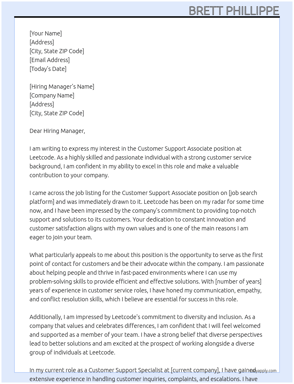 Customer Support Associate At Leetcode Cover Letter