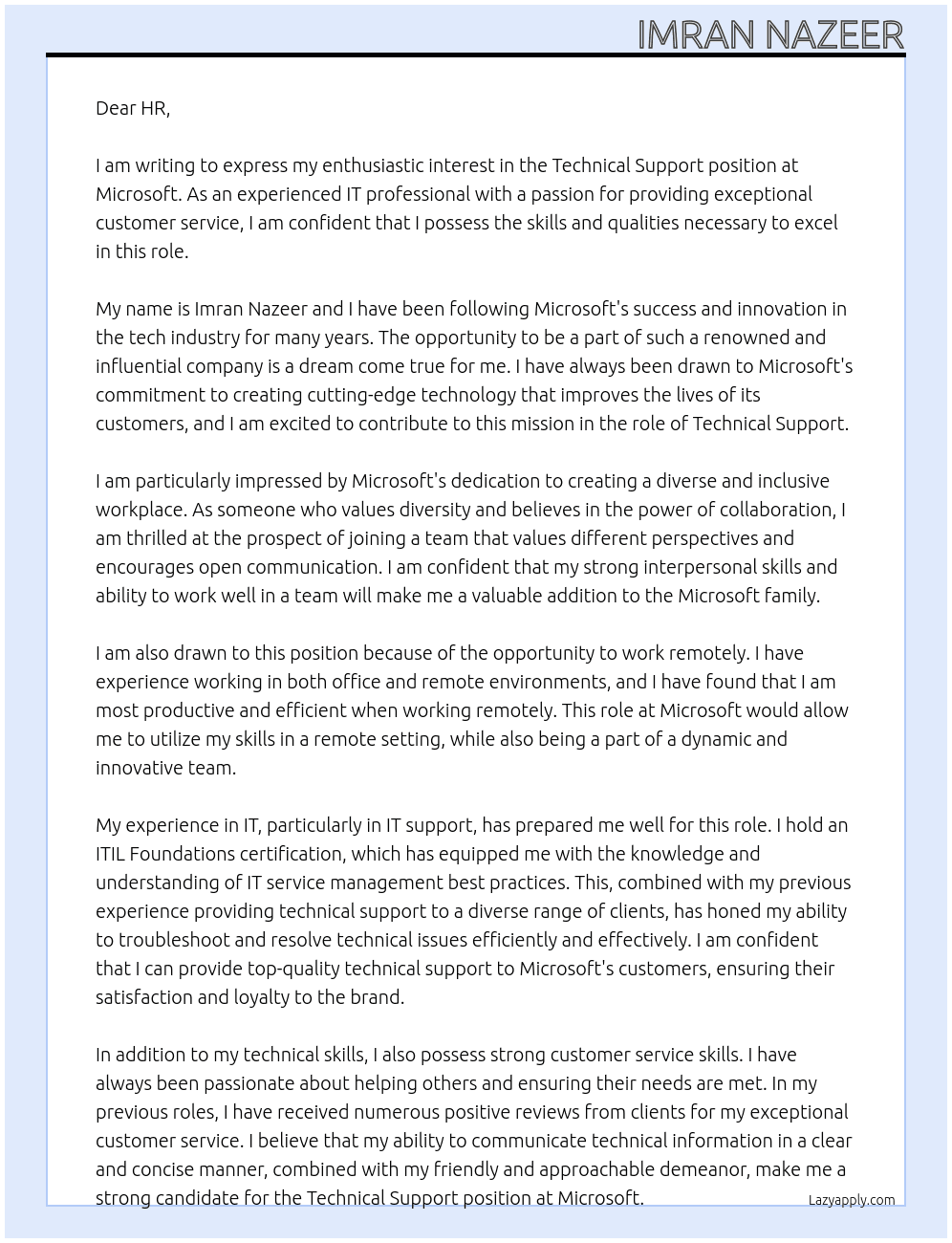 Technical Support At Microsoft Cover Letter