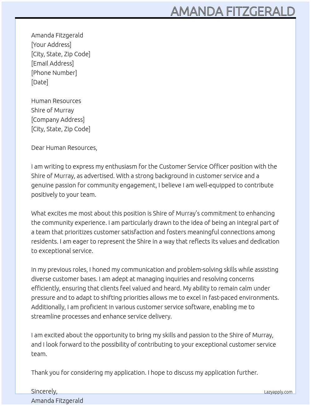 Customer service officer At Shire of Murray Cover Letter