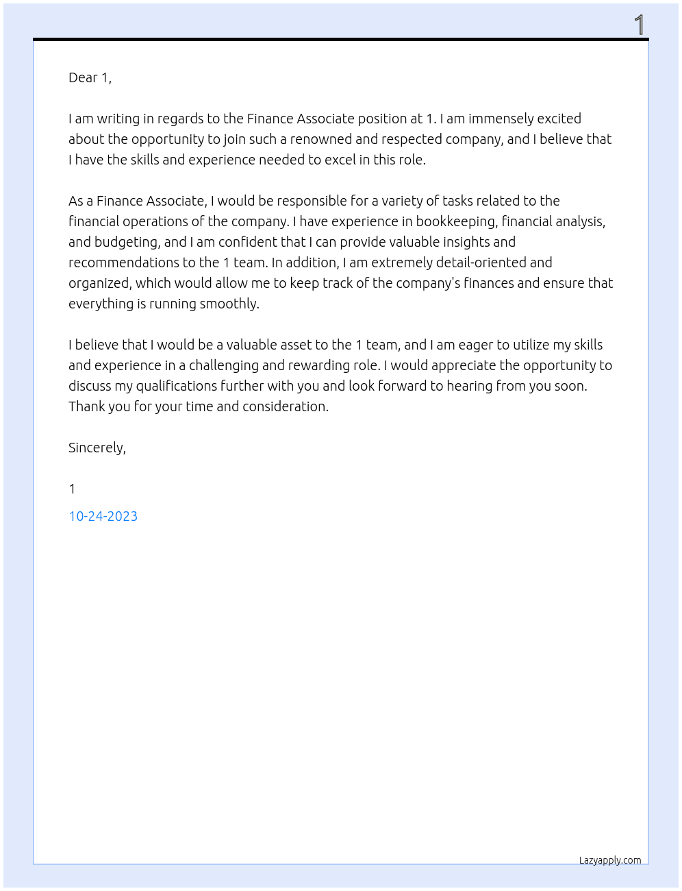 Finance Associate At 1 Cover Letter