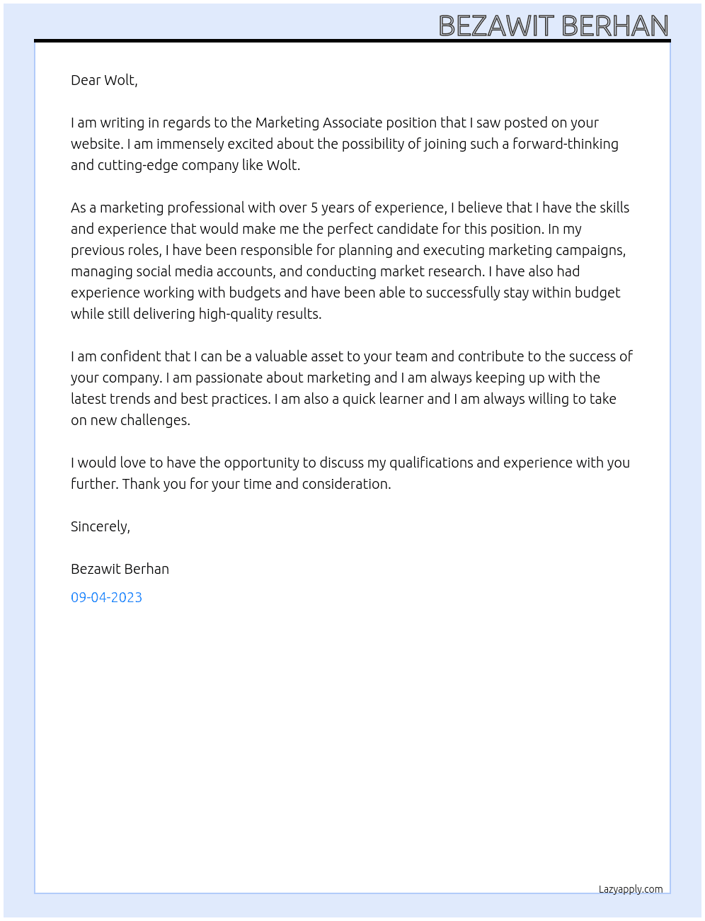 marketing associate At Wolt Cover Letter