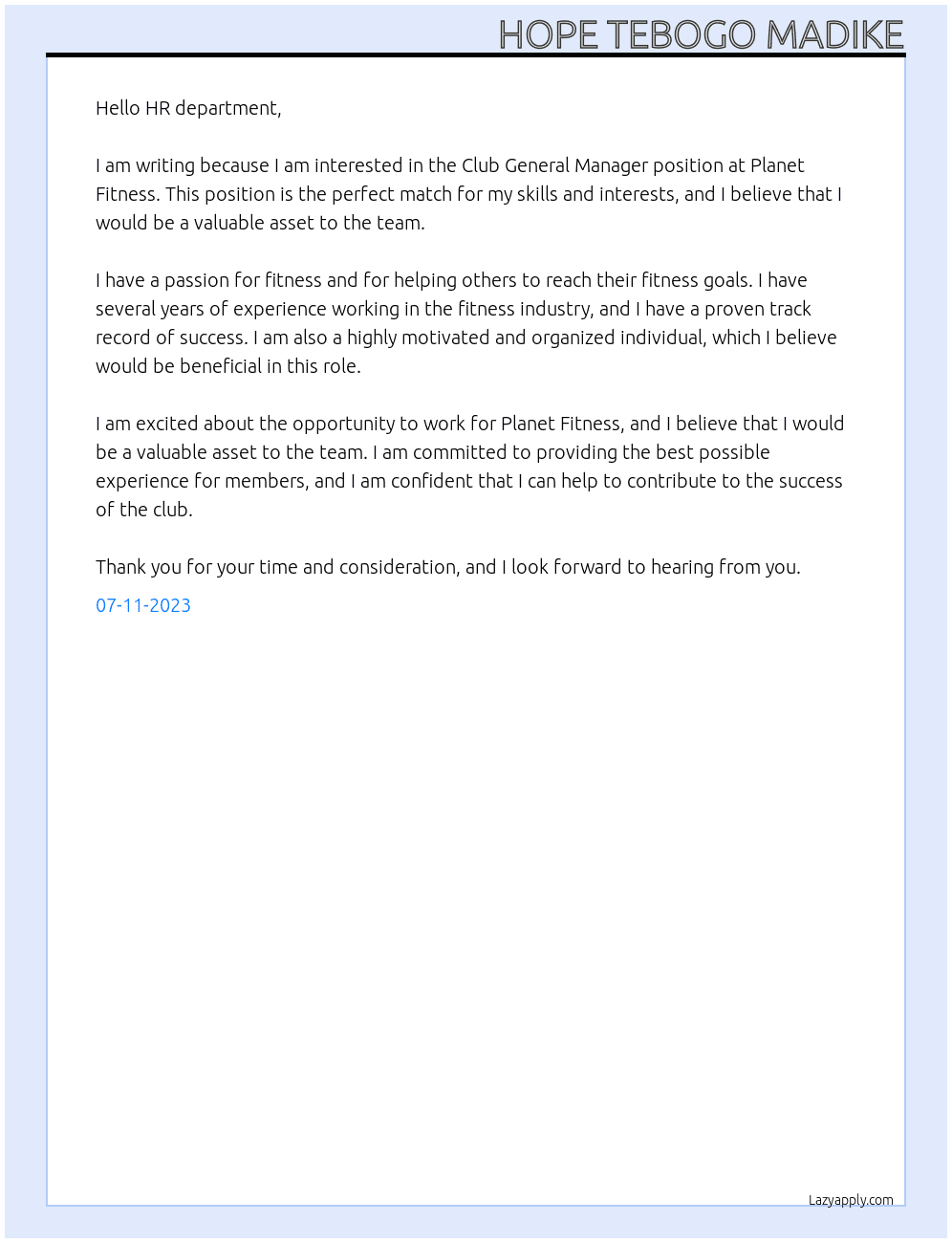 Club General Manager At Planet Fitness Cover Letter