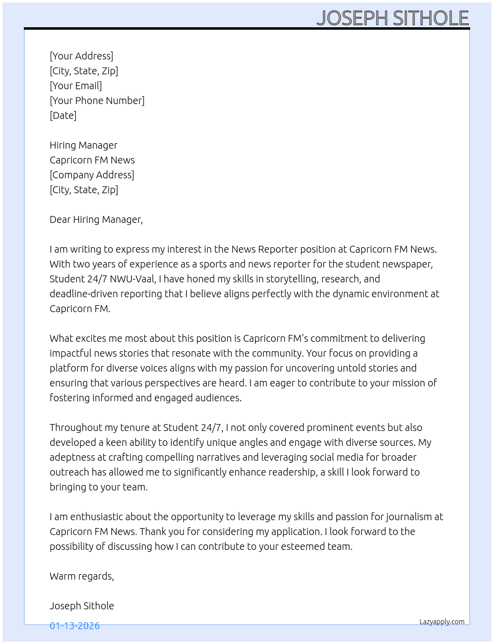 News Reporter At Capricorn FM News Cover Letter