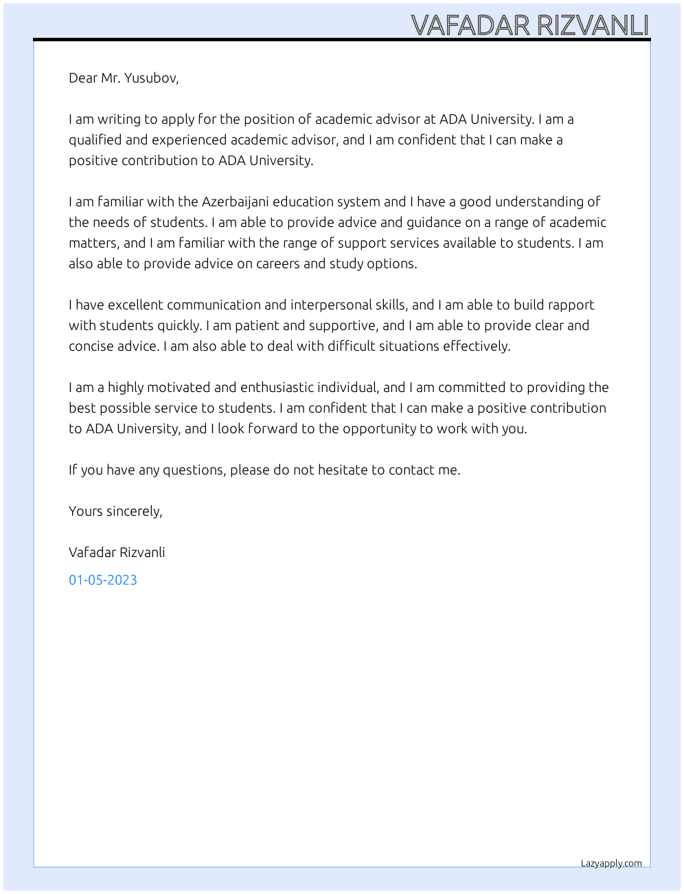 Academic advisor At ADA University Cover Letter
