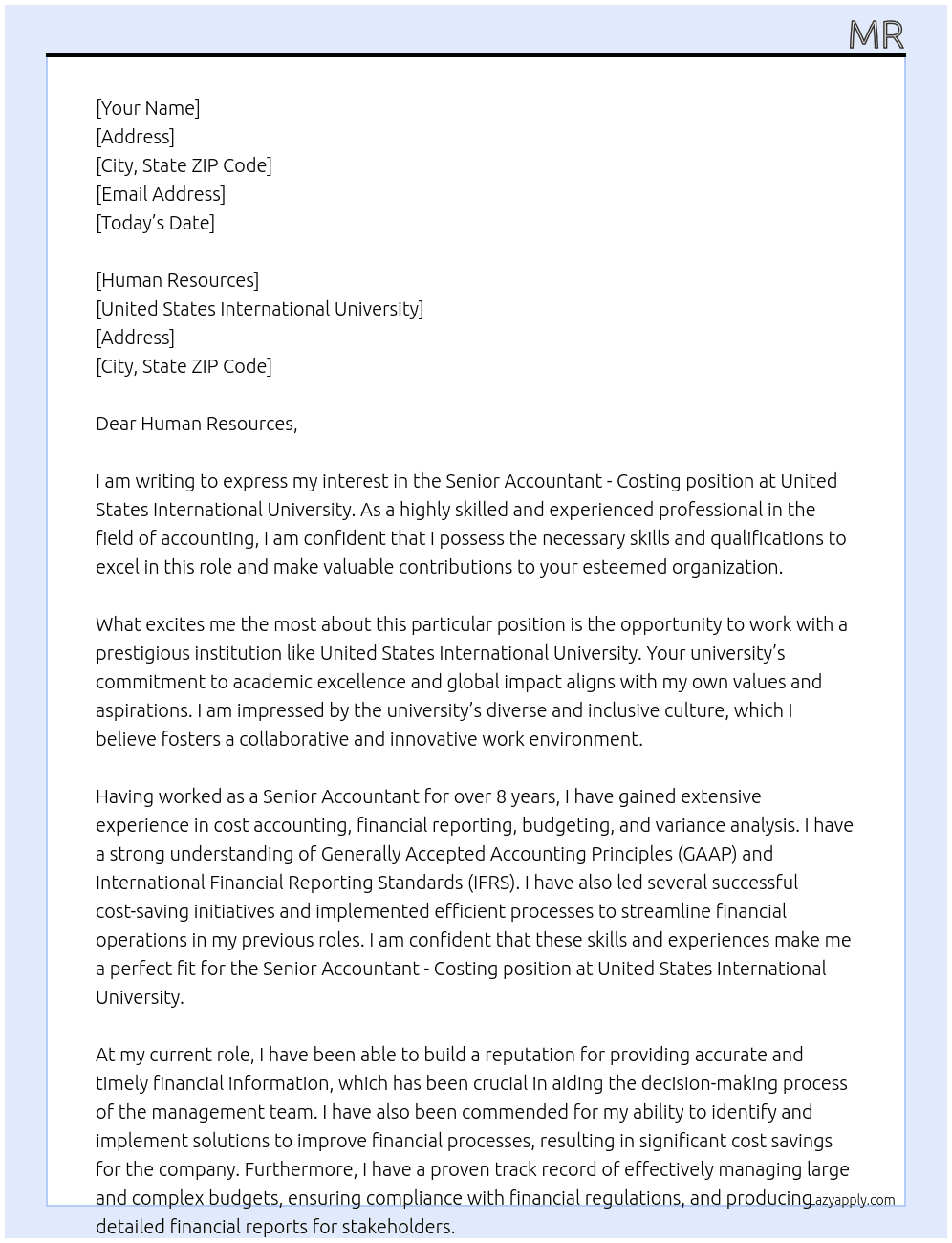 Senior accountant - costing At United States International University Cover Letter