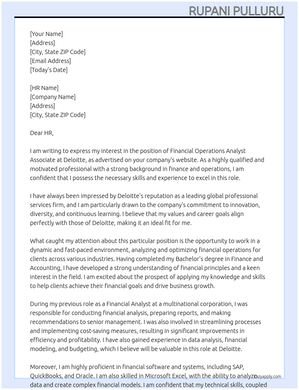 Cover letter for financial operations analyst associate - LazyApply