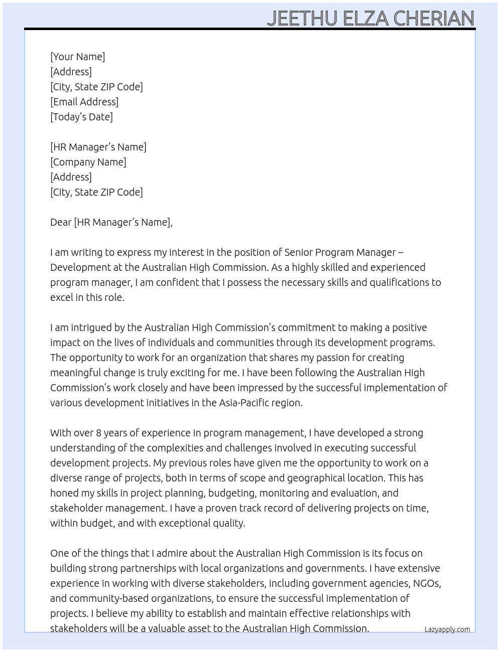 Senior Program Manager – Development  At Australian High Commission  Cover Letter
