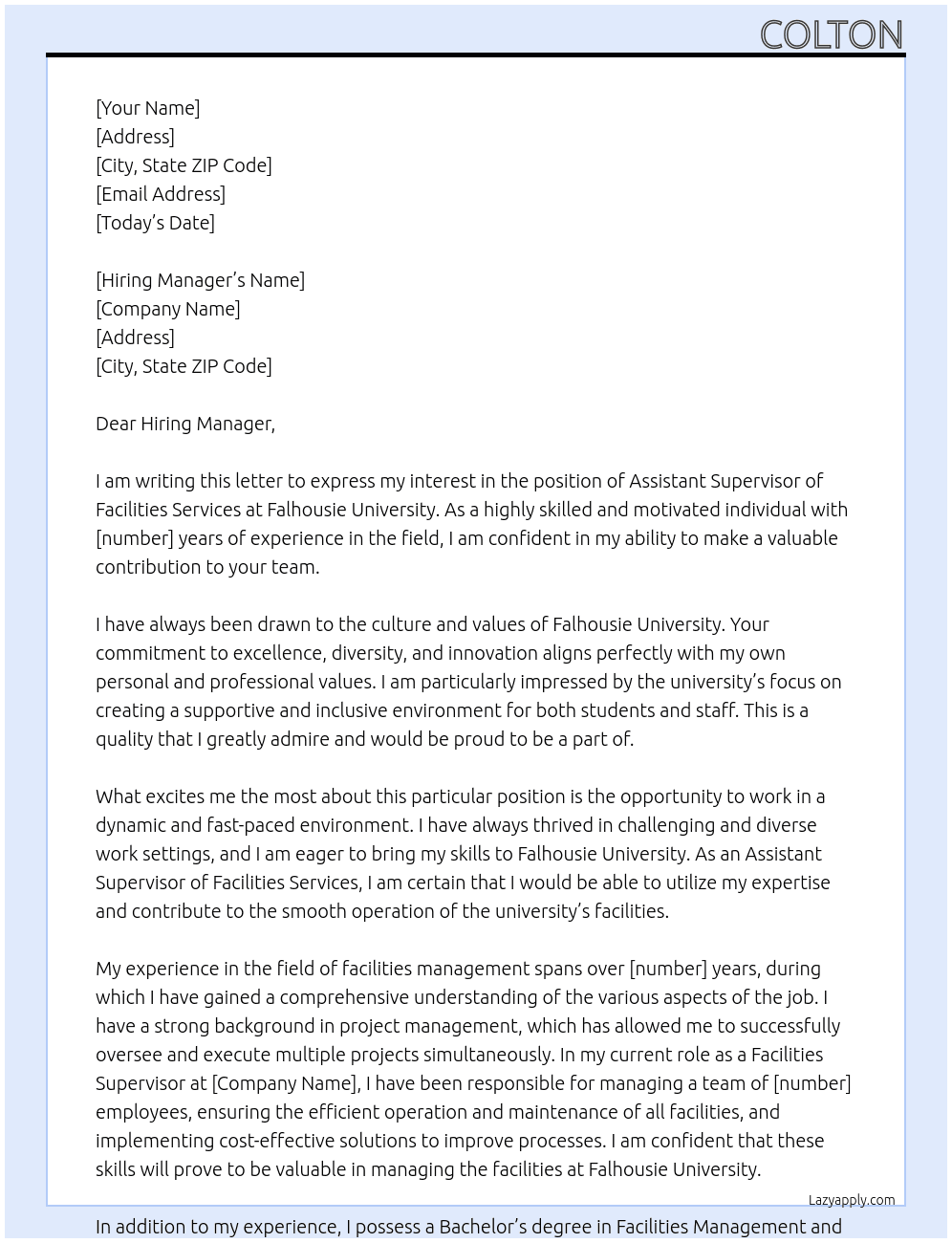 Assistant Supervisor of Facilities Services  At Falhousie University  Cover Letter