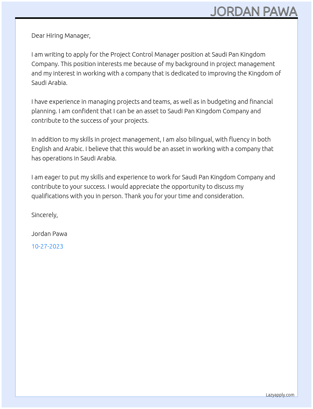 Project Control Manager At Saudi Pan Kingdom Company Cover Letter