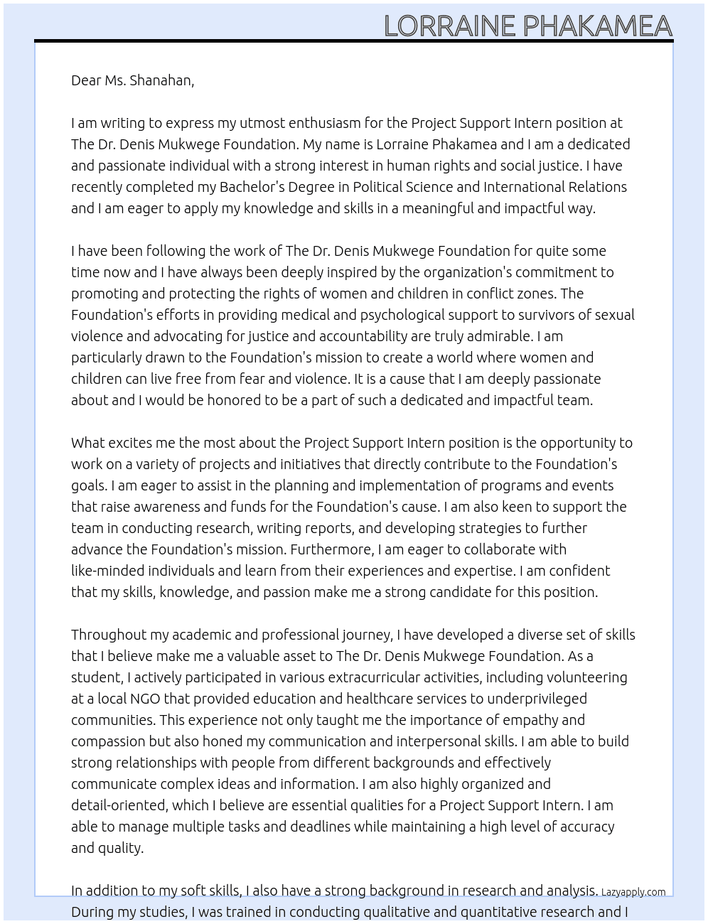 Project support Intern At The Dr. Denis Mukwege Foundation Cover Letter