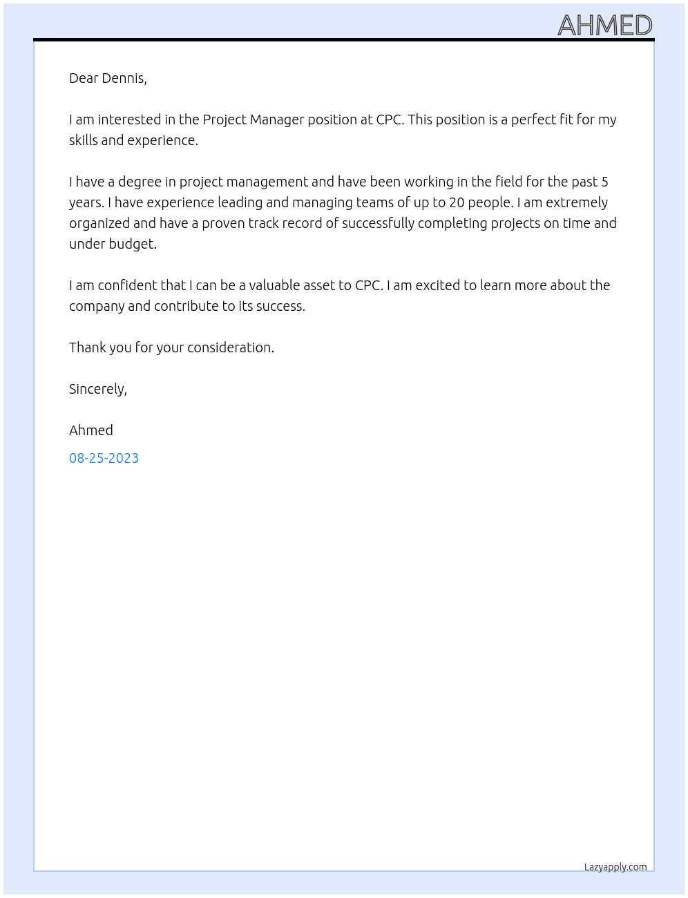 Project Manager At CPC Cover Letter