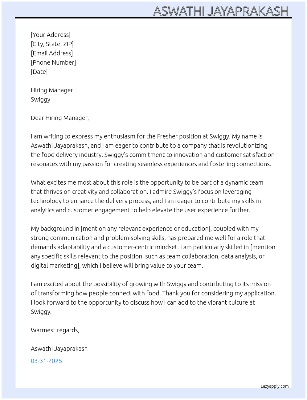 Fresher  At Swiggy  Cover Letter