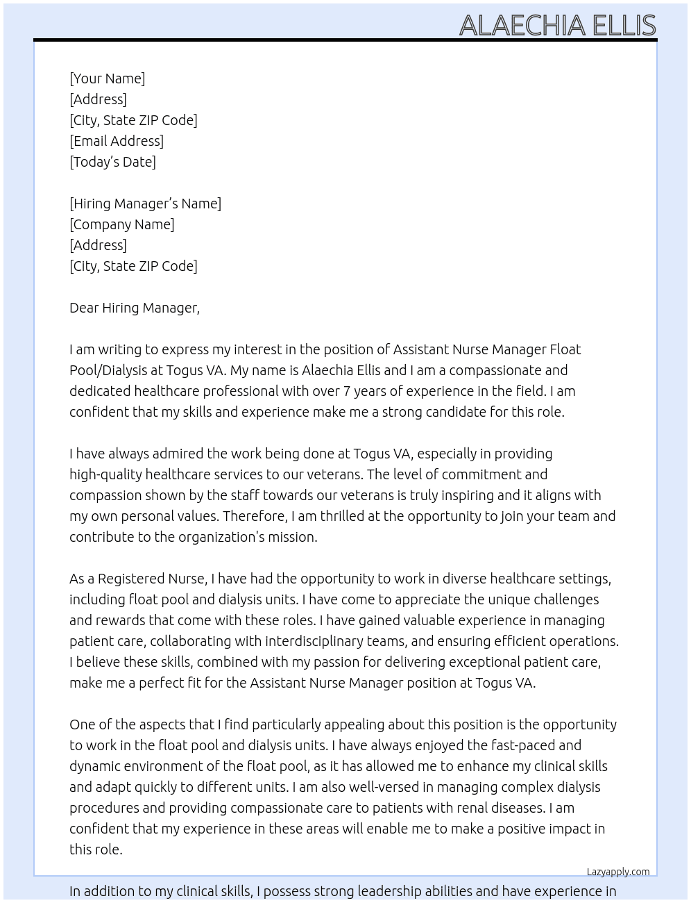 Assistant Nurse Manager Float Pool/Dialysis At Togus VA Cover Letter