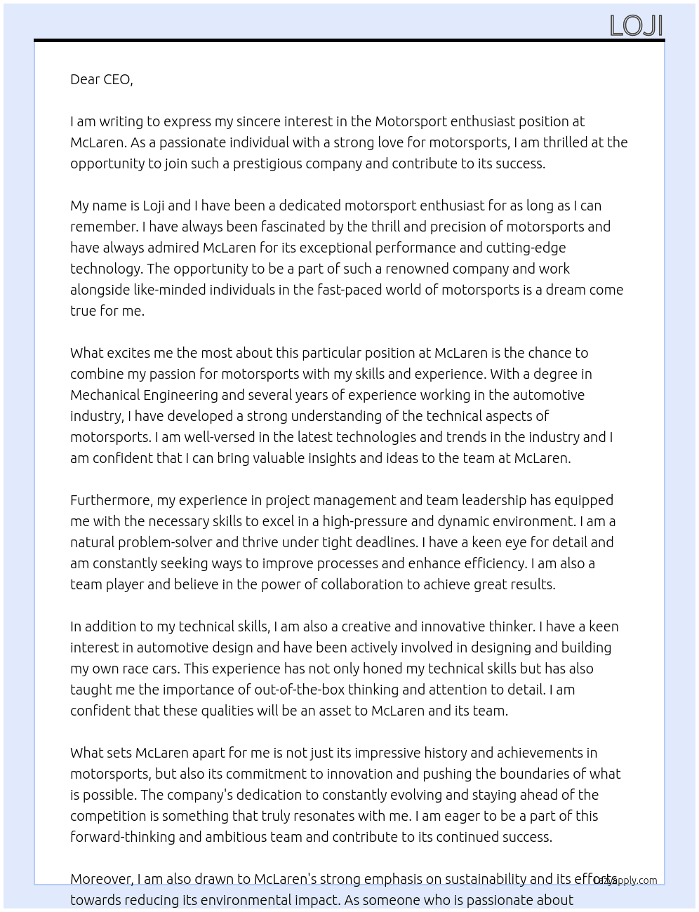 Motorsport enthusiast At McLaren Cover Letter