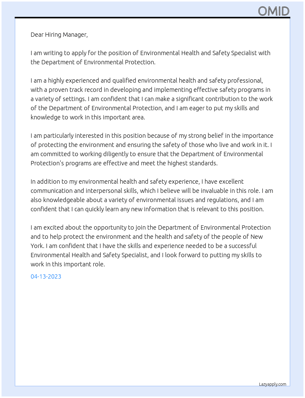 environmental health and safety specialist At Department of Environmental Protection Cover Letter