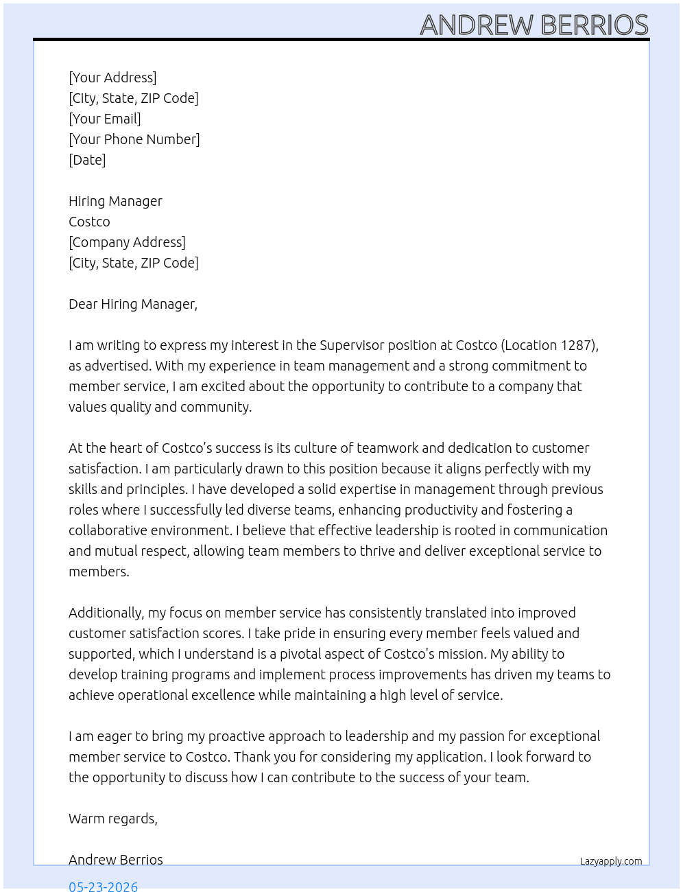 Supervisor At Costco Cover Letter