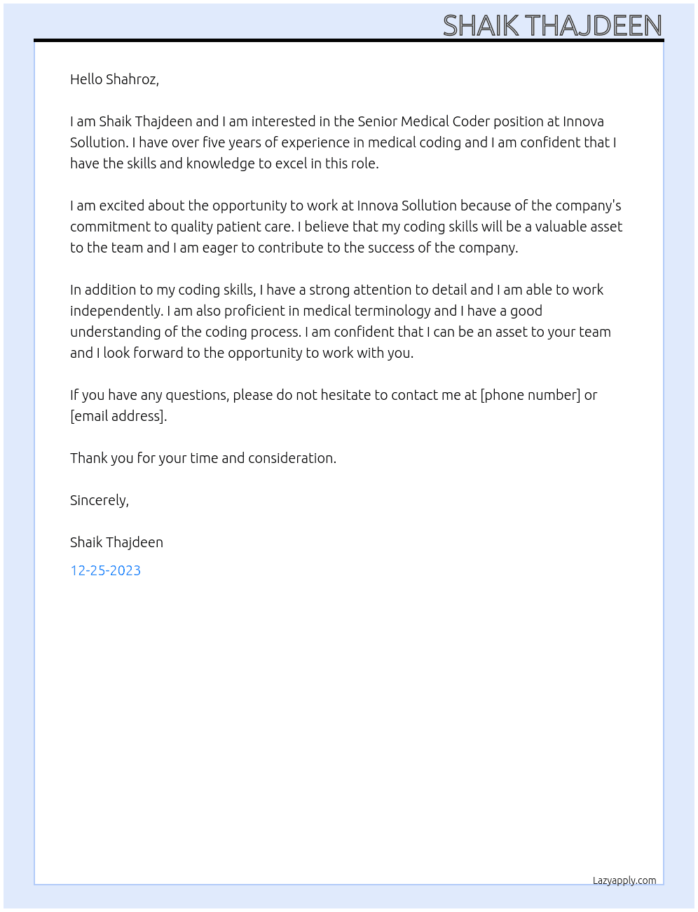 Senior Medical Coder At Innova Sollution Cover Letter