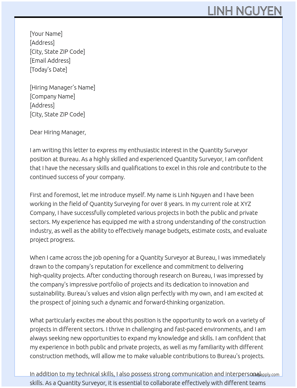 Quantity Surveyor At Bureau Cover Letter
