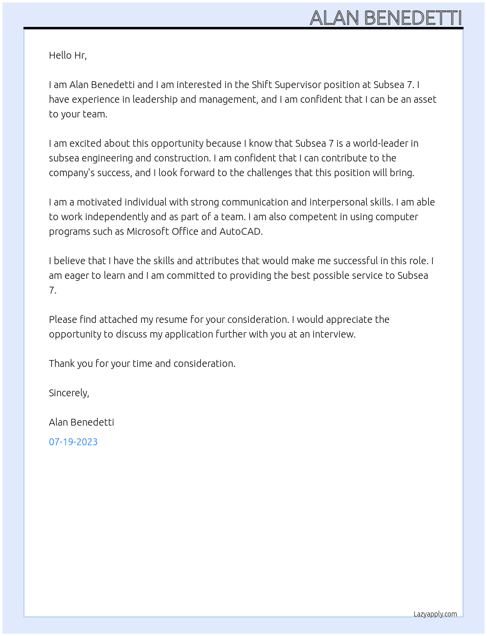 Shift Supervisor At Subsea 7  Cover Letter