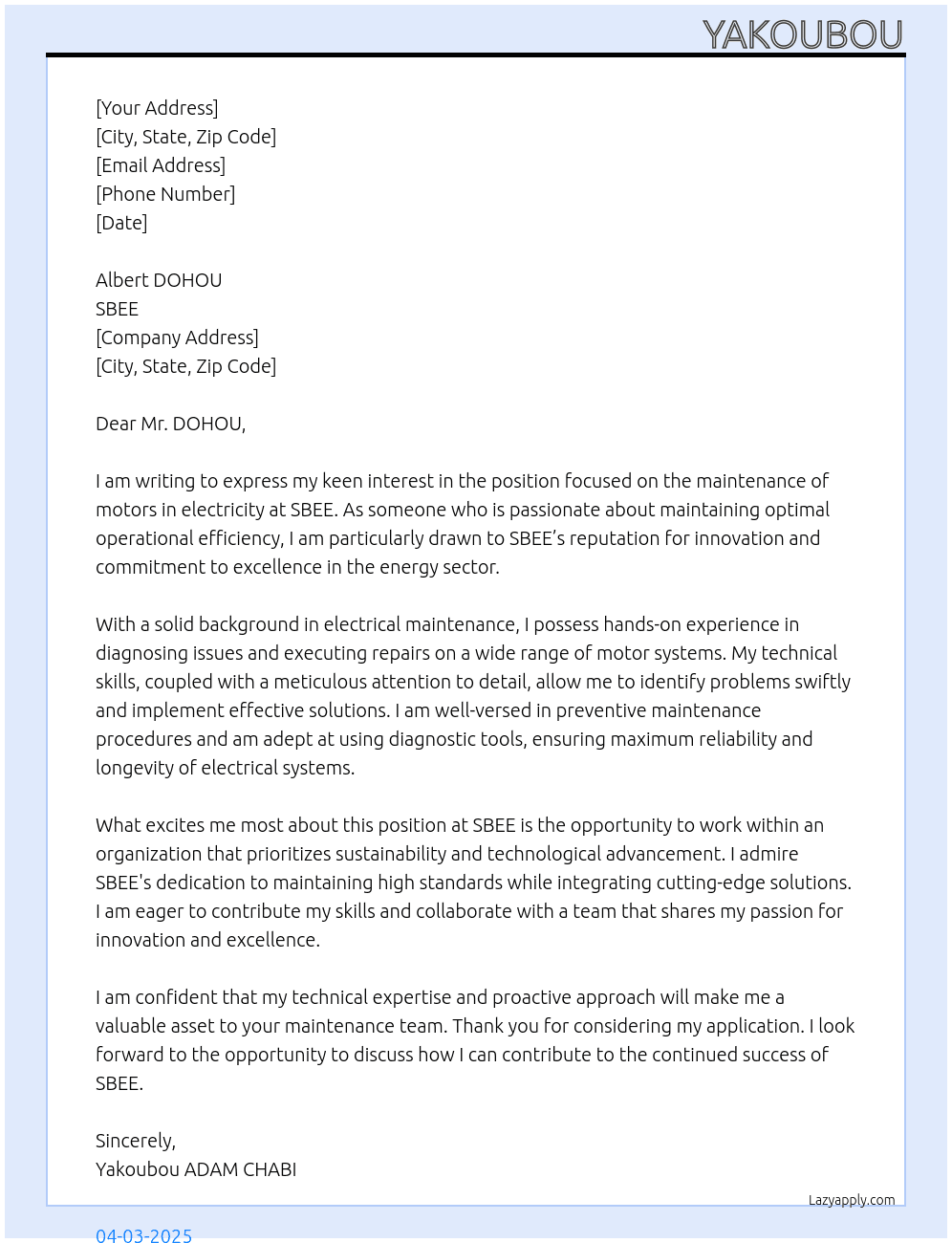 Cover letter for maintenance of motor in electricity - LazyApply