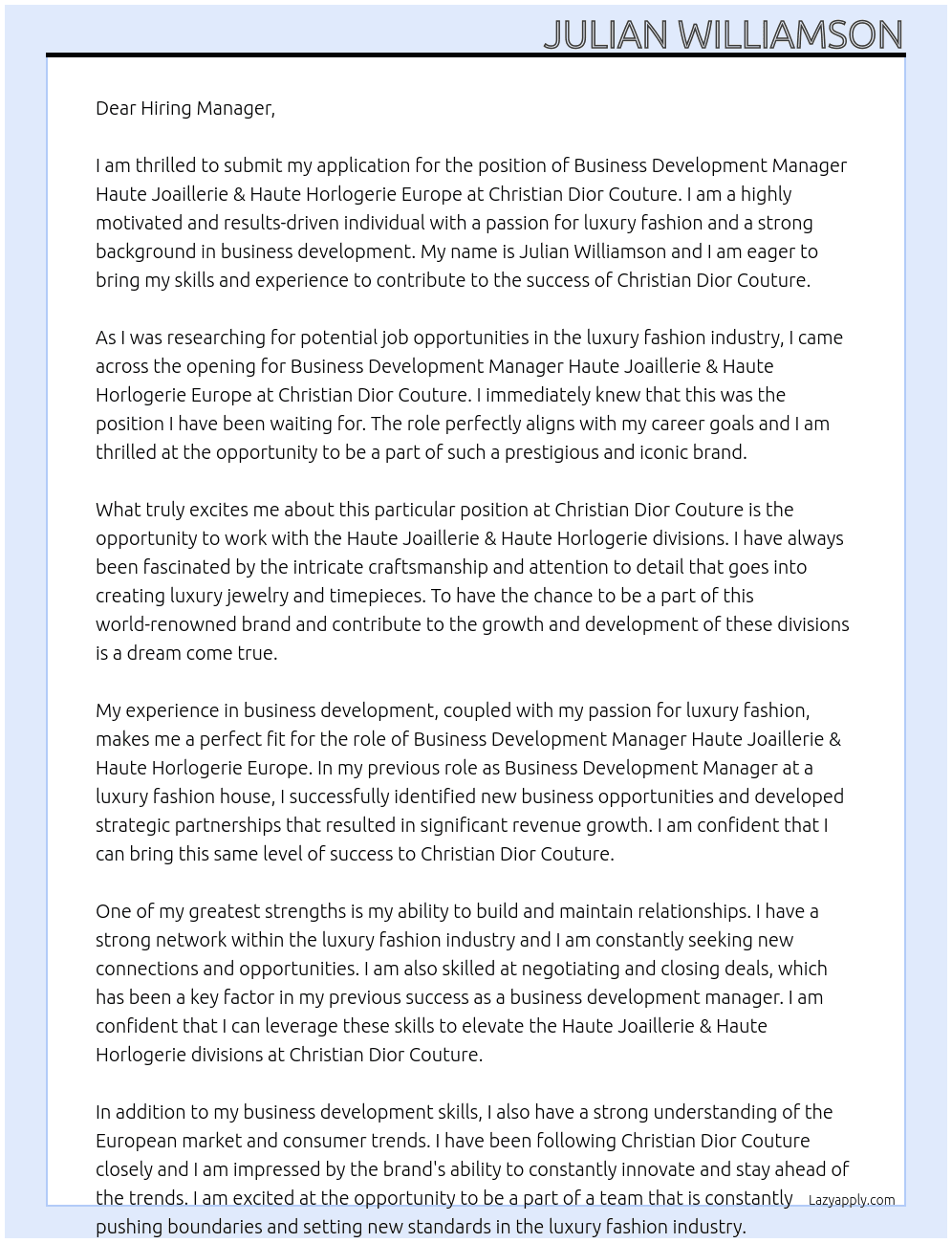 Business Development Manager Haute Joaillerie & Haute Horlogerie Europe At Christian Dior Couture Cover Letter