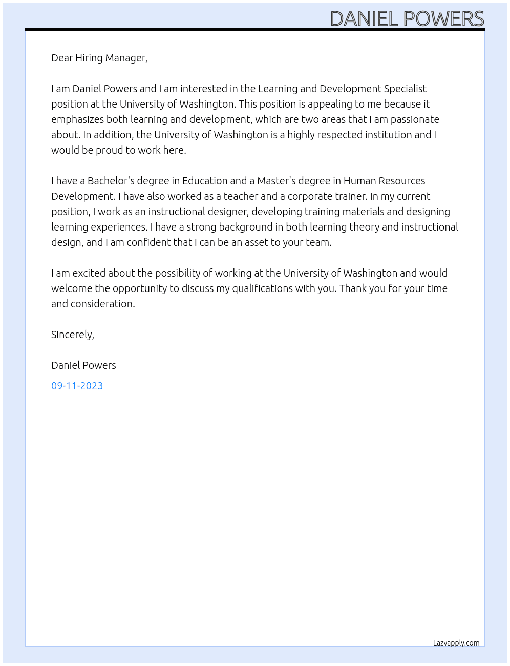 Learning and Development Specialist At University of Washington Cover Letter