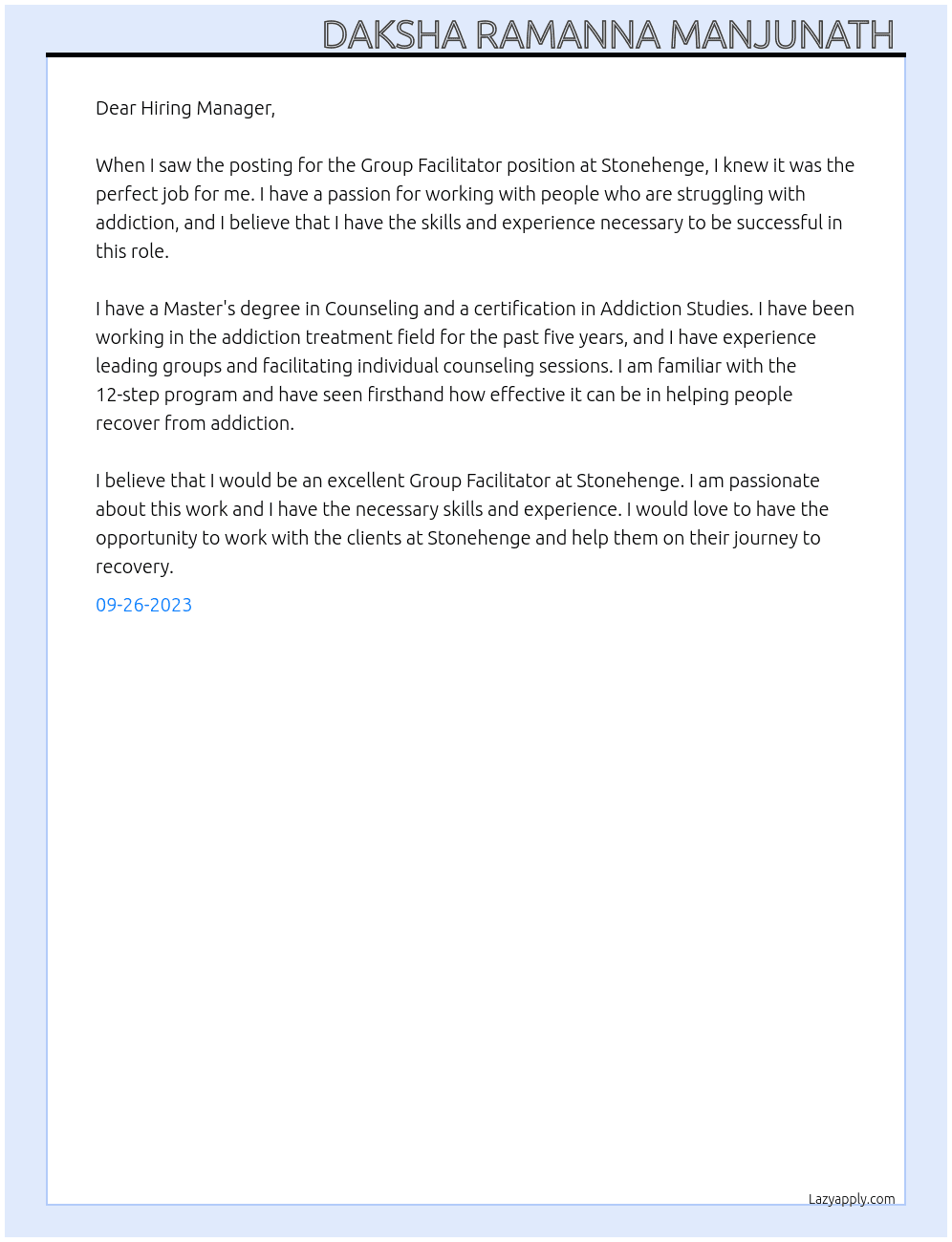 Group Facilitator (Residential Addiction Treatment Program) At Stonehenge Cover Letter