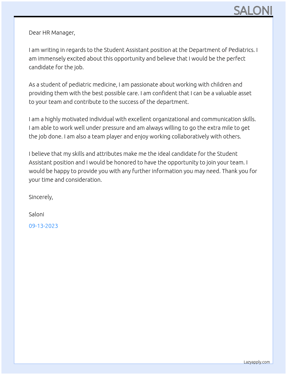 Student Assistant At Department of Pediatrics Cover Letter