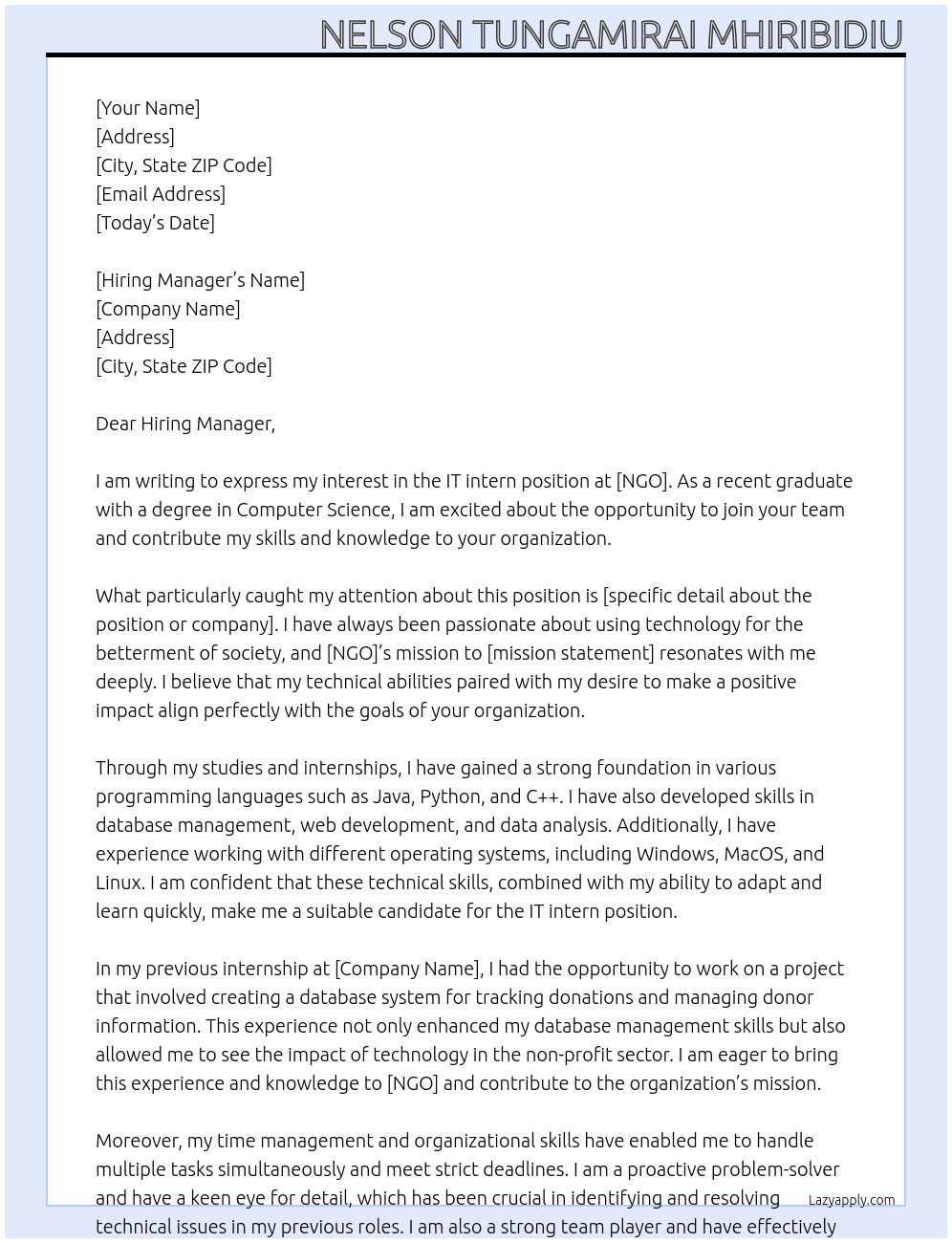 IT intern At NGO Cover Letter
