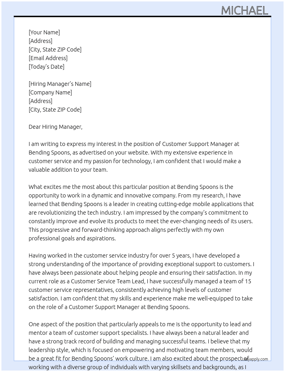 Customer Support Manager At Bending Spoons Cover Letter