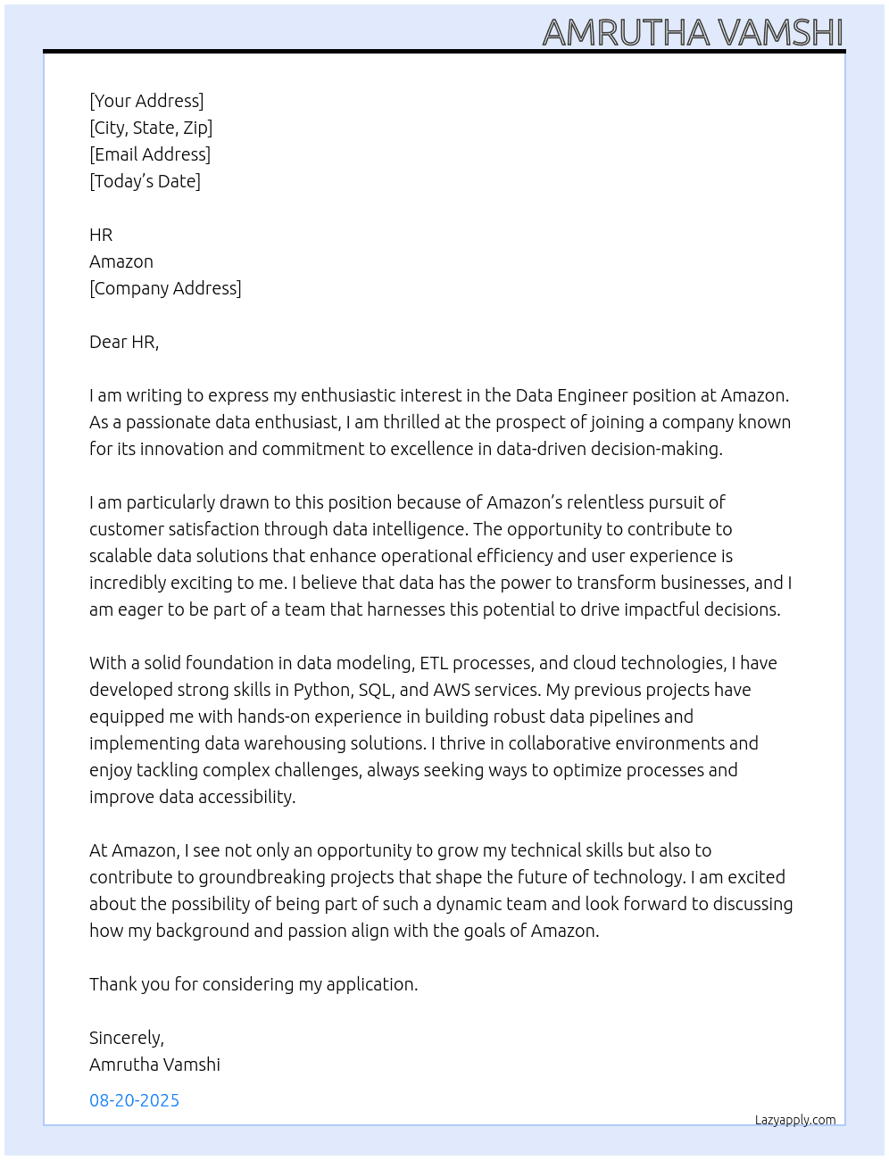 Data engineer  At Amazon Cover Letter