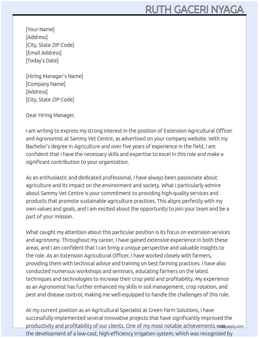 Extension agricultural officer and agronomist  At Sammy vet centre  Cover Letter