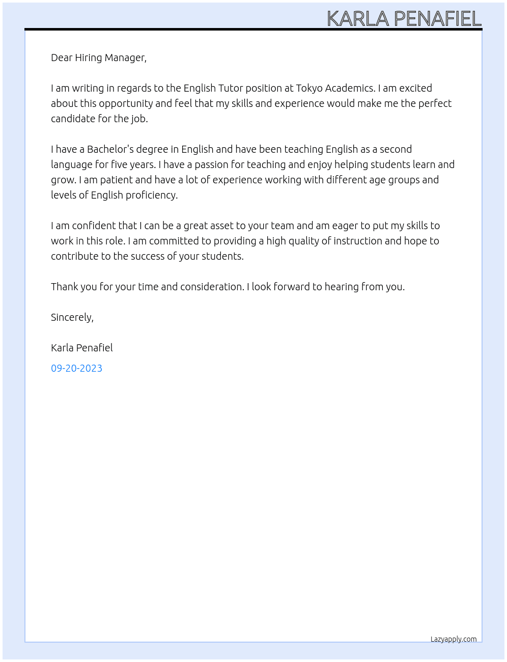 English Tutor At Tokyo Academics Cover Letter
