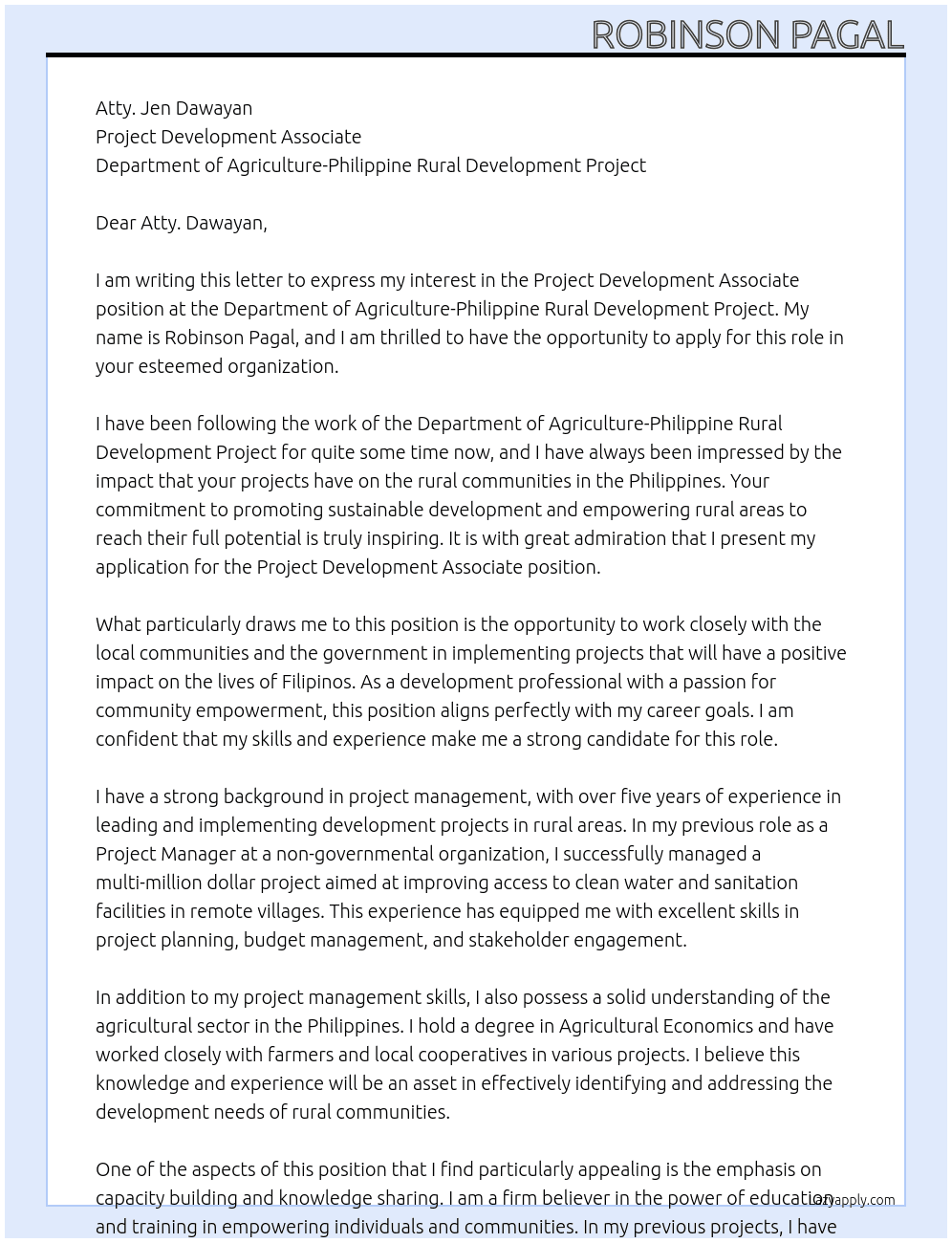 Project Development Associate At Department of Agriculture-Philippine Rural Development Project Cover Letter